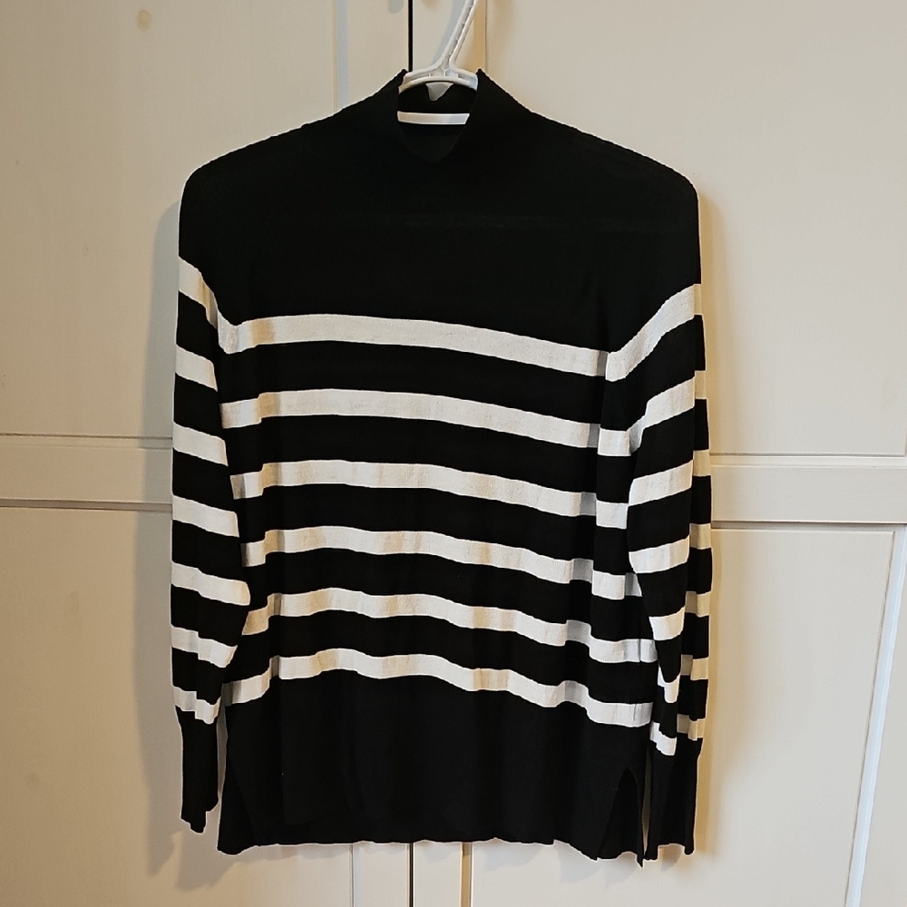 Zara Classic Black And White Stripe Mock Neck Knit Top.